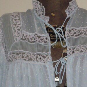 Vintage Blue White Polka Dot Peignoir Robe Med Ruched Pleated Lace Sheer